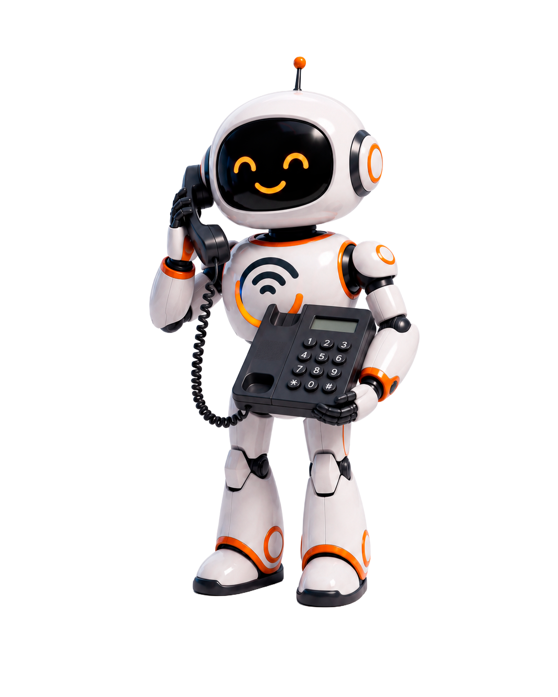 Robô LA CONNECTION segurando um telefone fixo